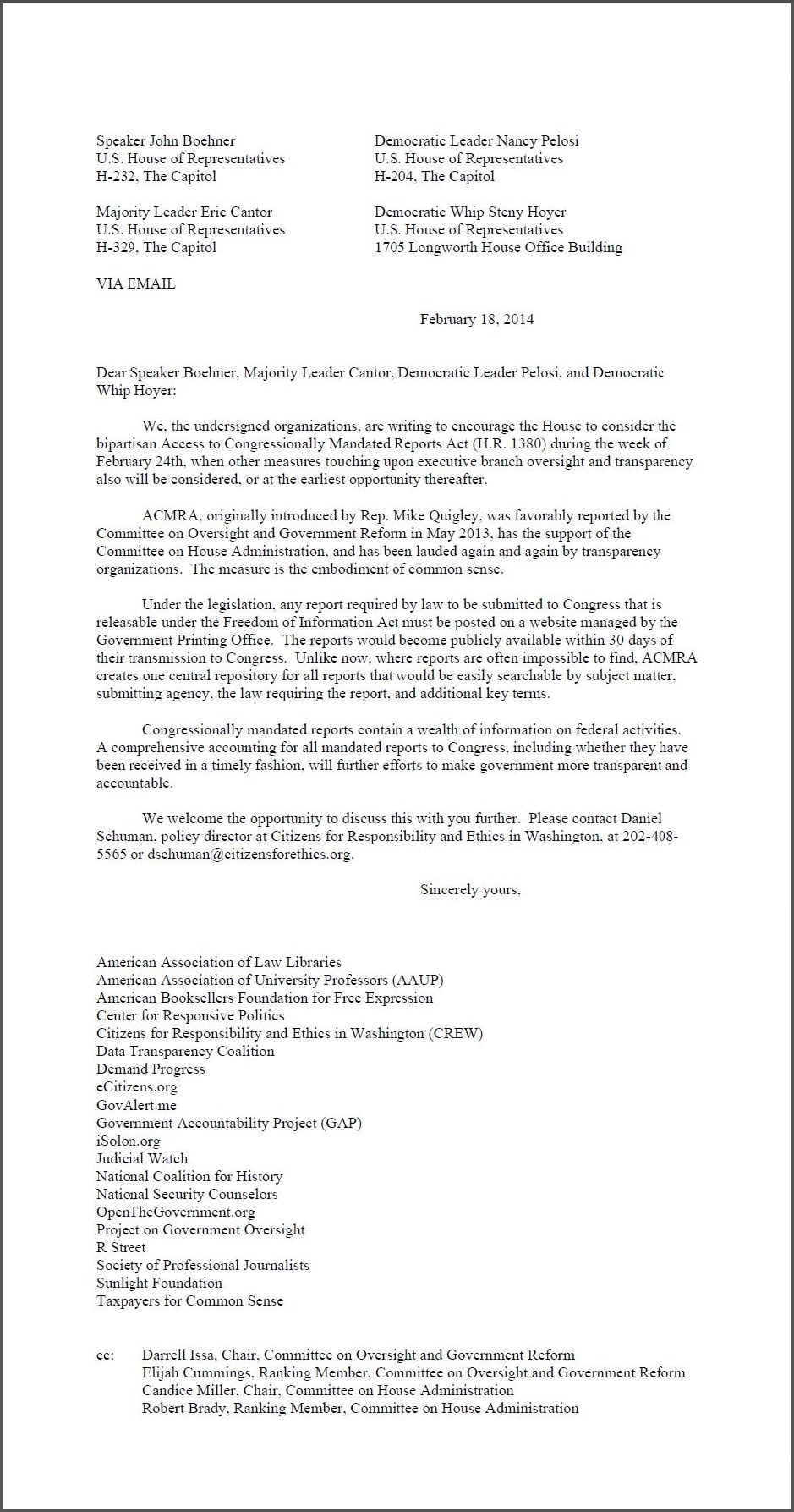 Joint Letter: Consider H.R. 1380 Creating Access to Reports to Congress