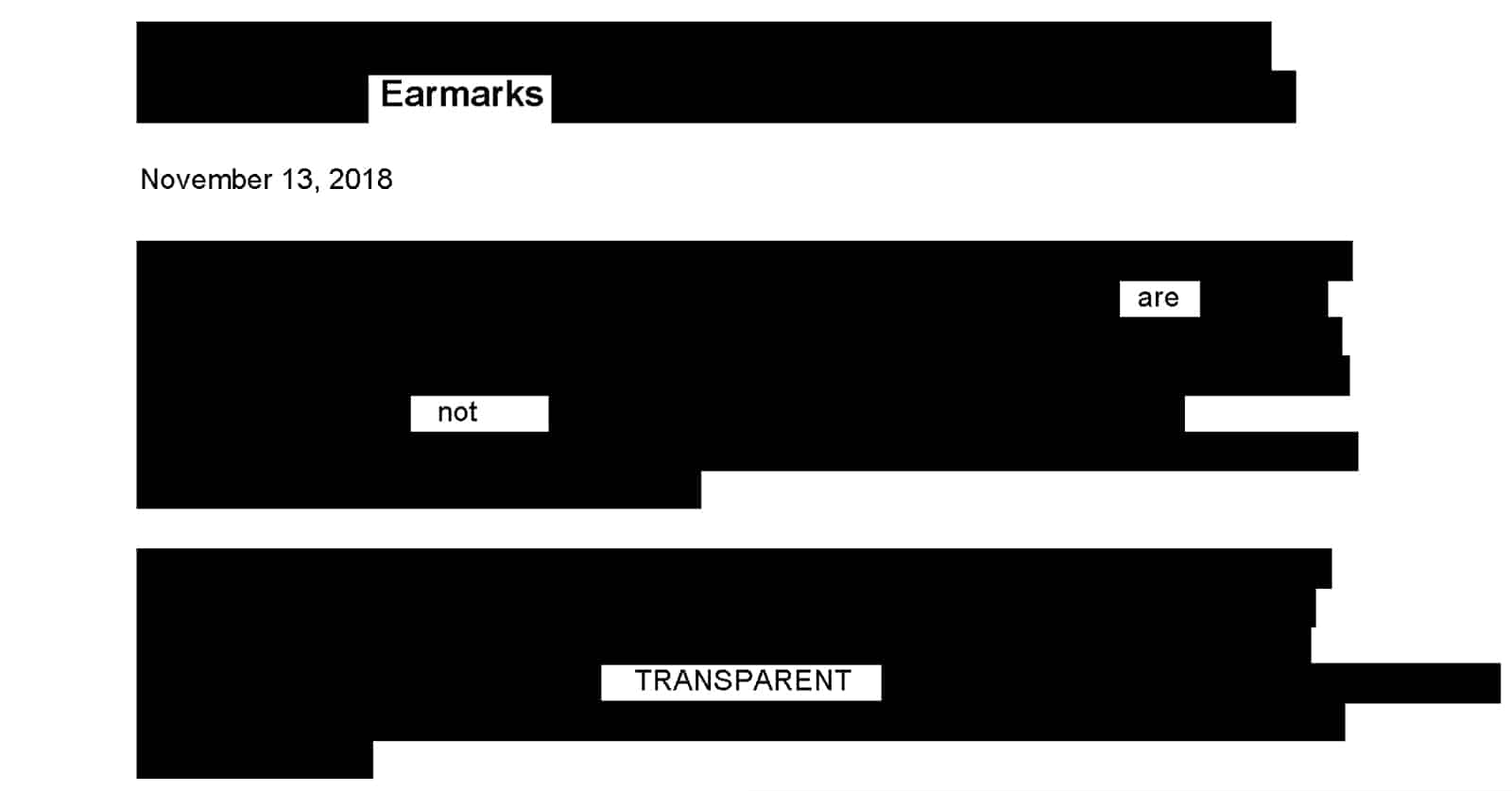 Graphic of redacted text revealing Earmarks are not transparent