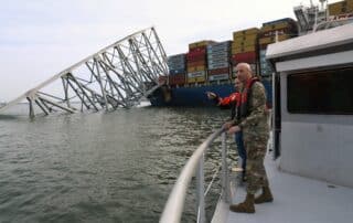 USACE Chief of Engineers Lt. Gen. Scott Spellmon views damage of the fallen Francis Scott Key Bridge that collapsed in Baltimore, March 26, 2024.