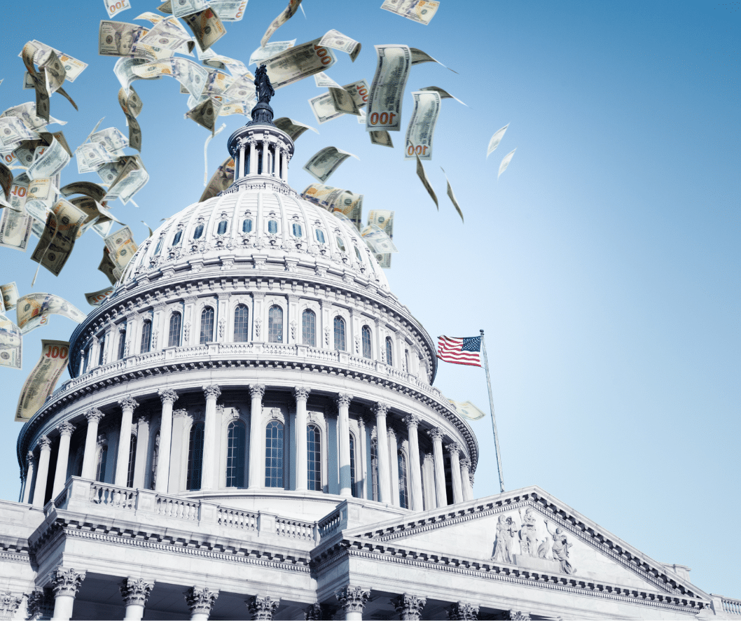 image of the us capitol dome with money flying over it